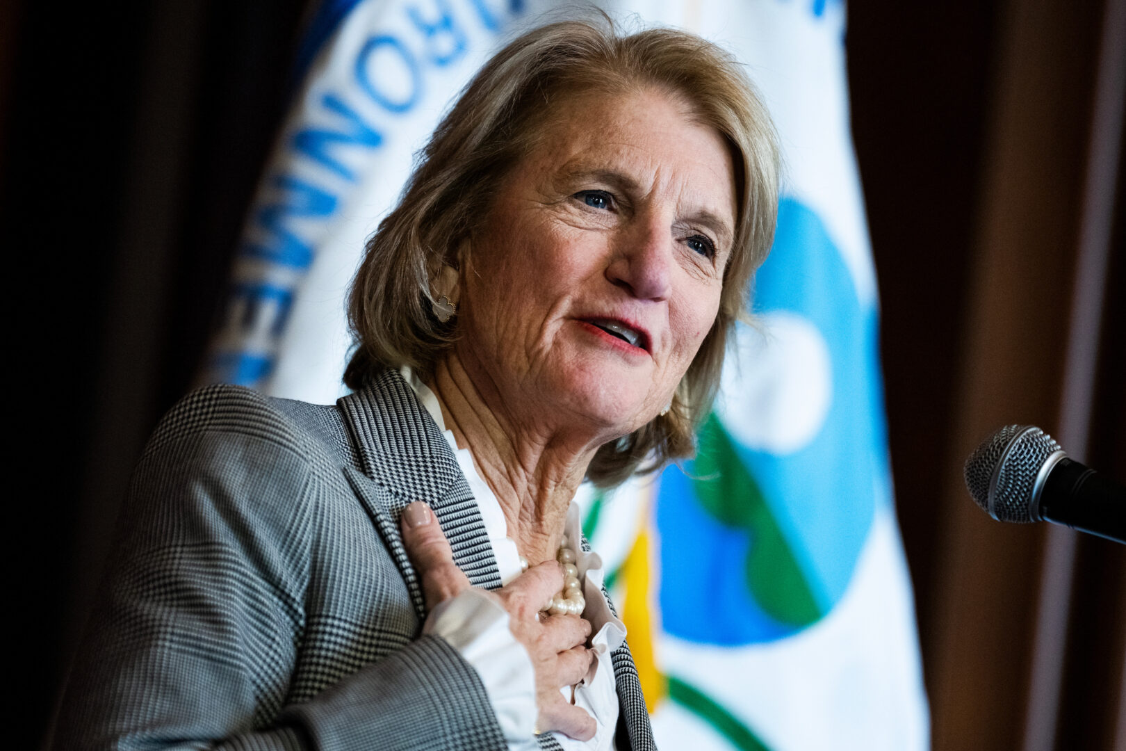 Sen. Shelley Moore Capito, R-W.Va., speaks during a signing ceremony to last year. 
