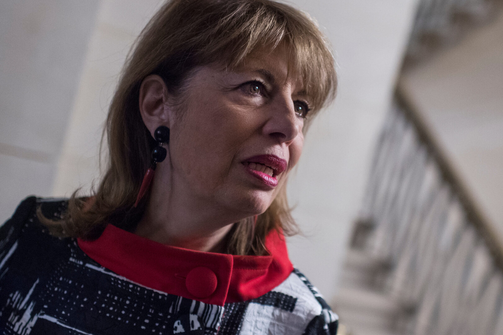 Former Rep. Jackie Speier, D-Calif., talks with reporters in 2018. Speier, who retired after the 2022 elections, led the #MeTooCongress movement in 2017 and pushed for accountability for sexual misconduct on Capitol Hill. 
