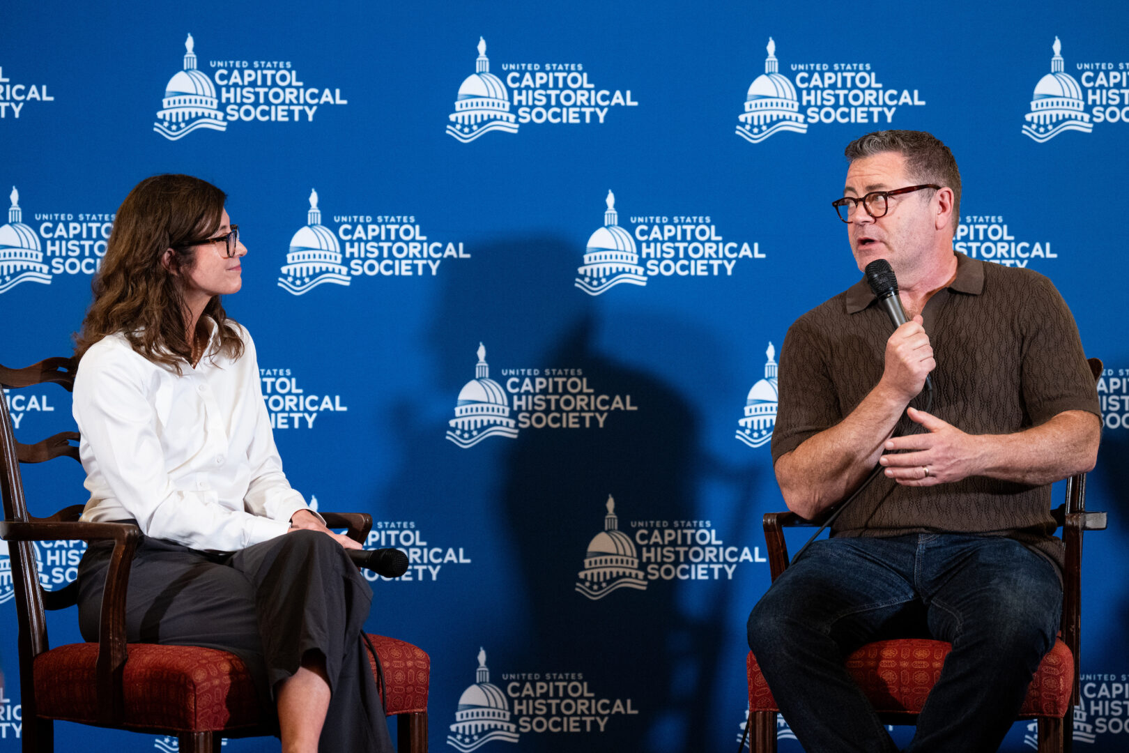 Historian Candice Millard and actor Nick Offerman discuss “Death by Lightning” at an April 15 discussion sponsored by the U.S. Capitol Historical Society. 