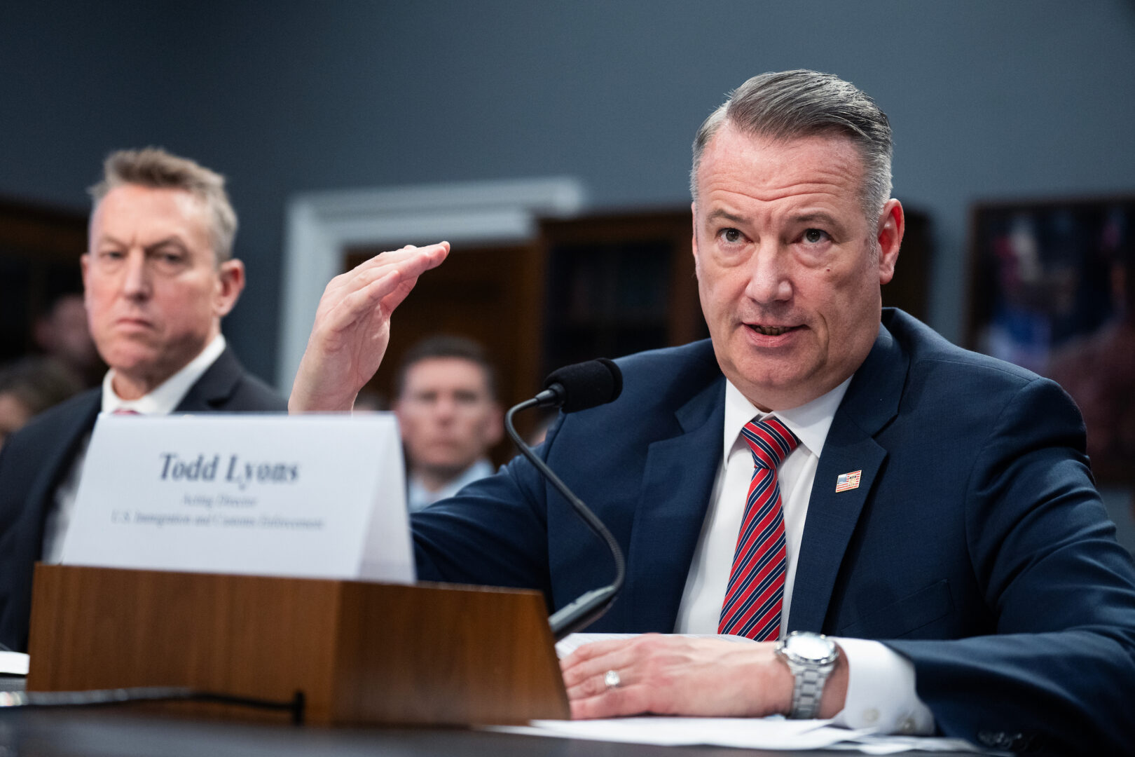 Todd Lyons, acting director of the U.S. Immigration and Customs Enforcement, and Rodney Scott, left, commissioner of U.S. Customs and Border Protection, testify during a House  Homeland Security Appropriations Subcommittee hearing on Thursday. (Tom Williams/CQ Roll Call)