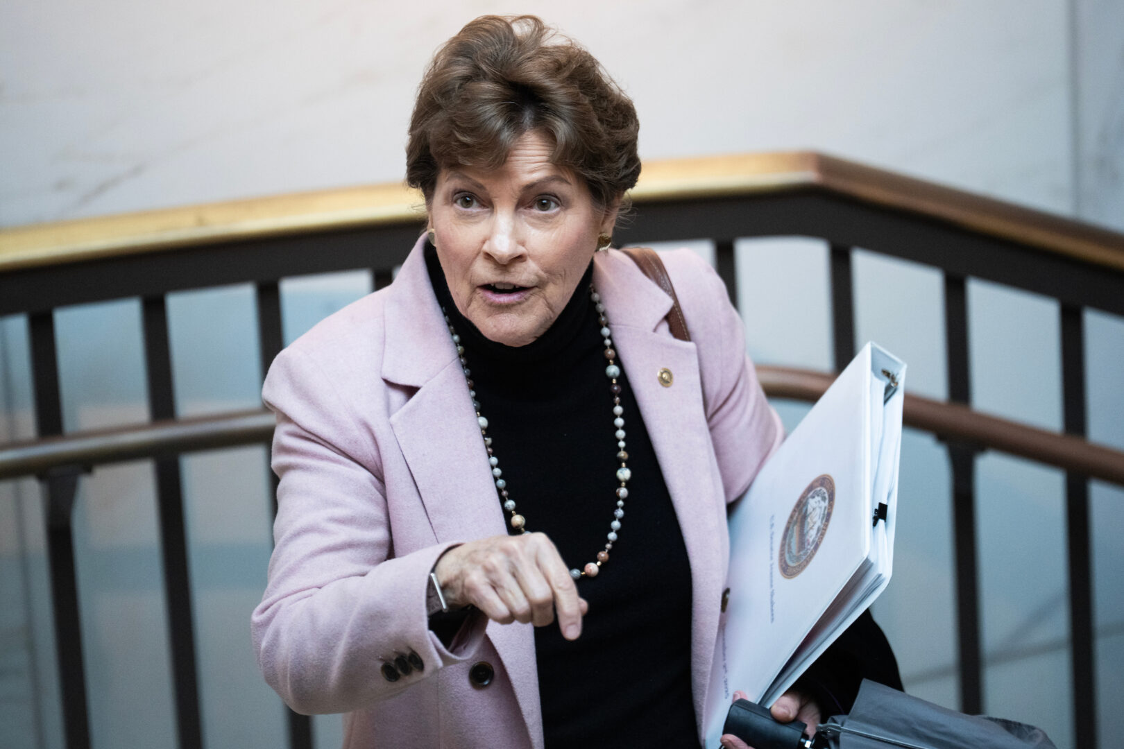 Shaheen arrives to a briefing at the Capitol Visitor Center in December. 