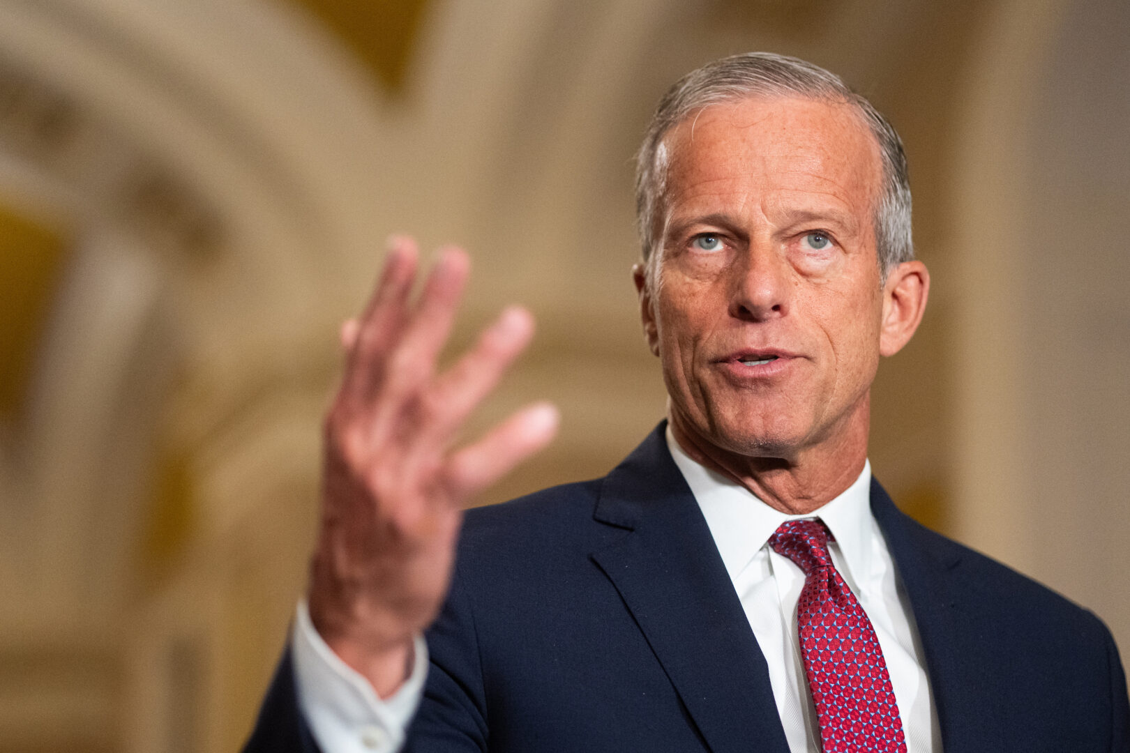 Senate Majority Leader John Thune, R-S.D., speaks during the Senate Republicans’ news conference in the U.S. Capitol on Tuesday, April 14, 2026. 