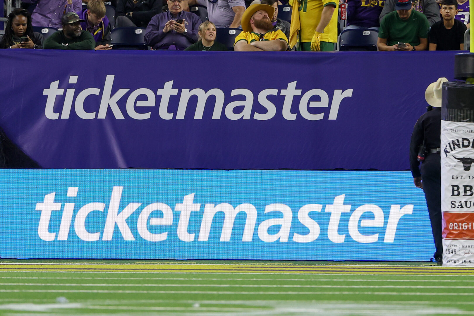 The Ticketmaster logo is displayed field-side during a football game between the Baylor Bears and LSU Tigers on Dec. 31, 2024, at NRG Stadium in Houston, Texas.