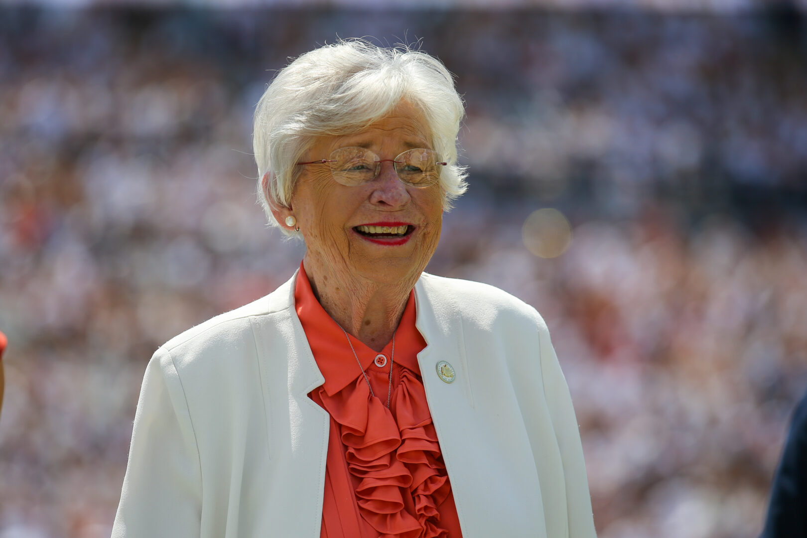 Alabama Gov. Kay Ivey participates in the homecoming ceremonies at halftime of the game between South Alabama Jaguars and Auburn Tigers at Jordan-Hare Stadium on Sept. 13, 2025 in Auburn, Ala.