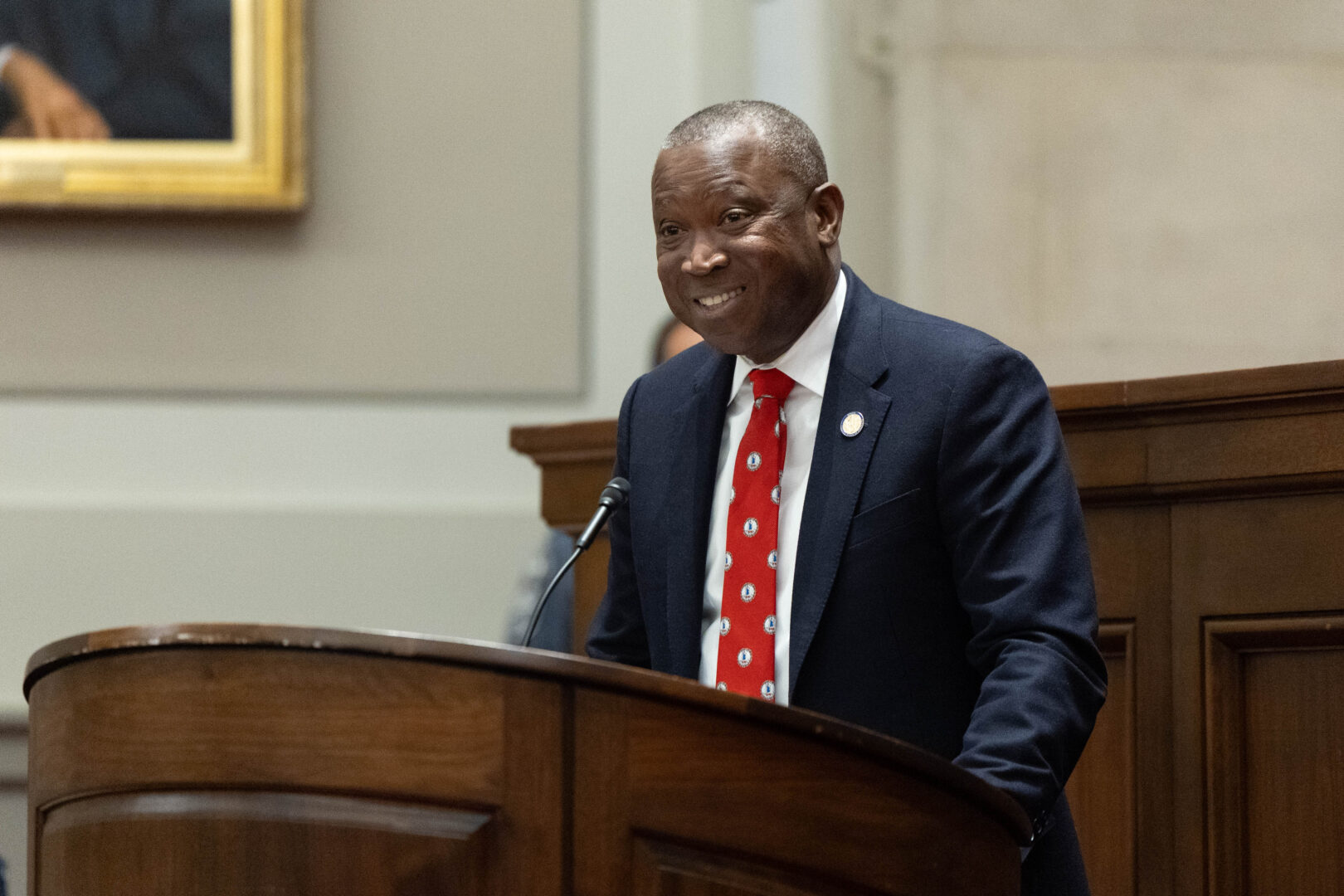 Virginia House Speaker Don Scott speaks during the investiture ceremony of Chief Justice Cleo E. Powell in the chamber of the Supreme Court of Virginia on March 2, 2026 in Richmond, Va.  (Mike Kropf-Pool/Getty Images)