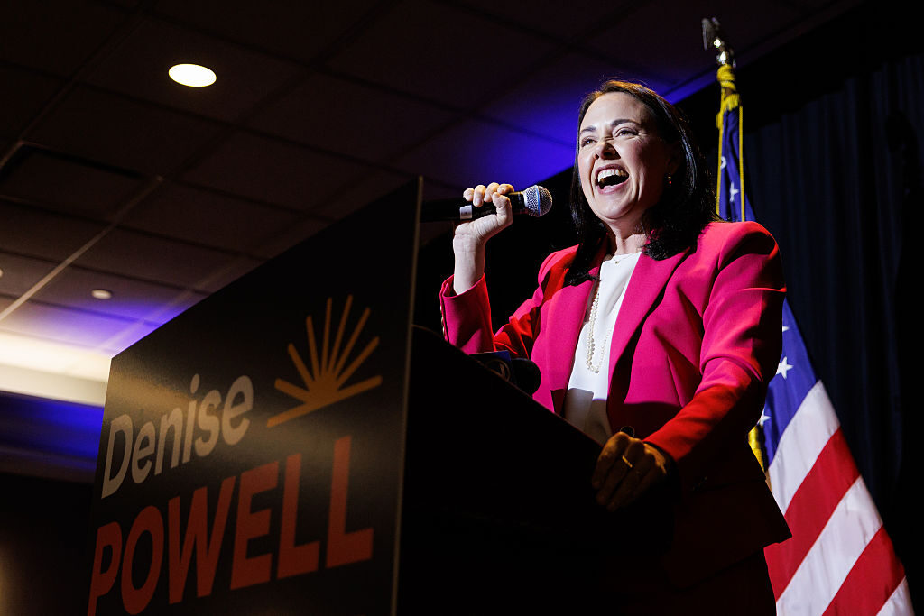 Demcorat Denise Powell speaks during her primary election watch party in Omaha, Neb., on Tuesday. (Nikos Frazier/Omaha World-Herald via Getty Images)