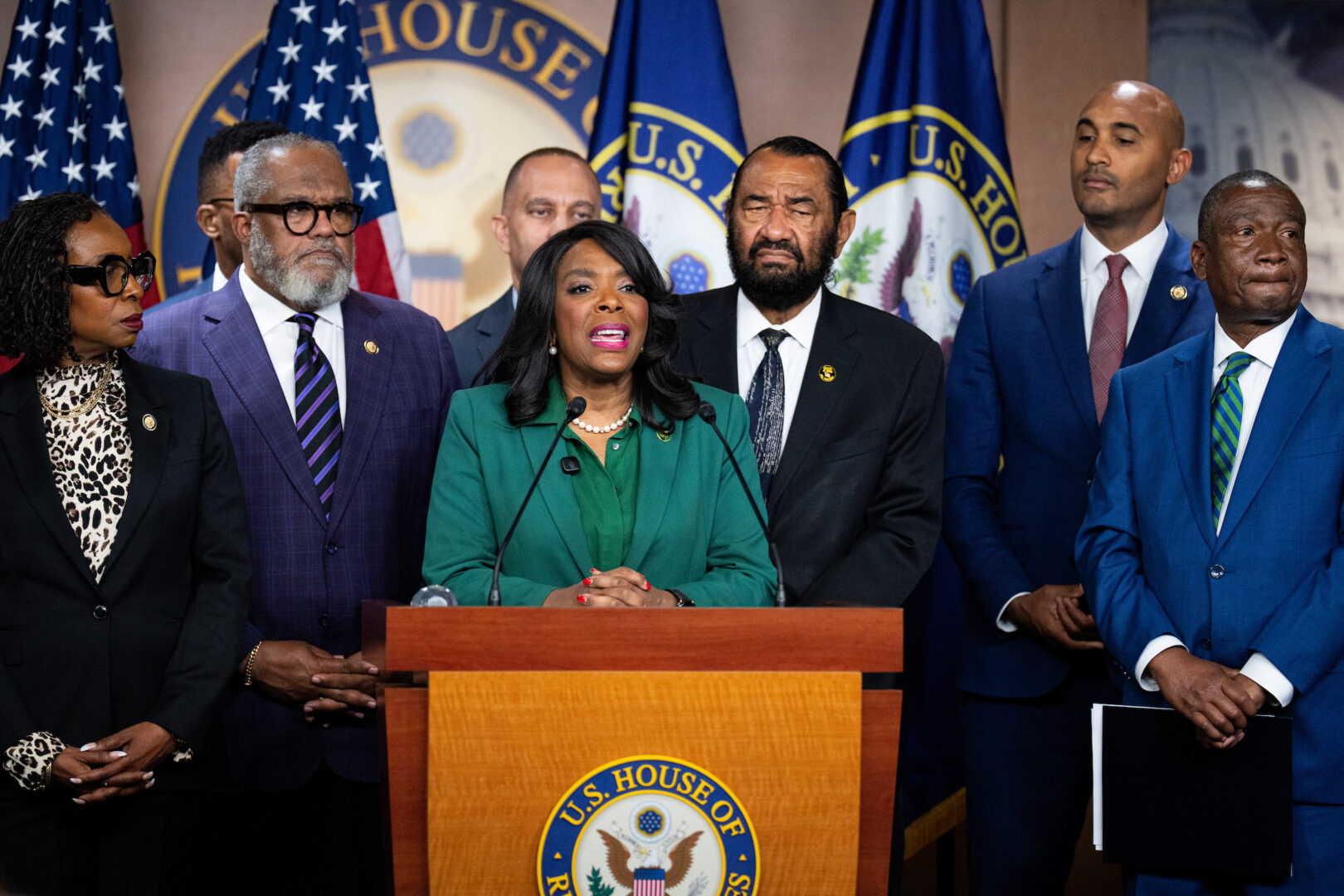 Rep. Terri A. Sewell, D-Ala., speaks during the Congressional Black Caucus news conference in the U.S. Capitol on the Supreme Court’s ruling in Louisiana v. Callais on April 29. Rep. Sewell is flanked from left by Reps. Yvette D. Clarke, D-N.Y., Troy Carter, D-La., House Minority Leader Hakeem Jeffries, D-N.Y., Al Green, D-Texas, Shomari Figures, D-Ala., and Cleo Fields, D-La. 