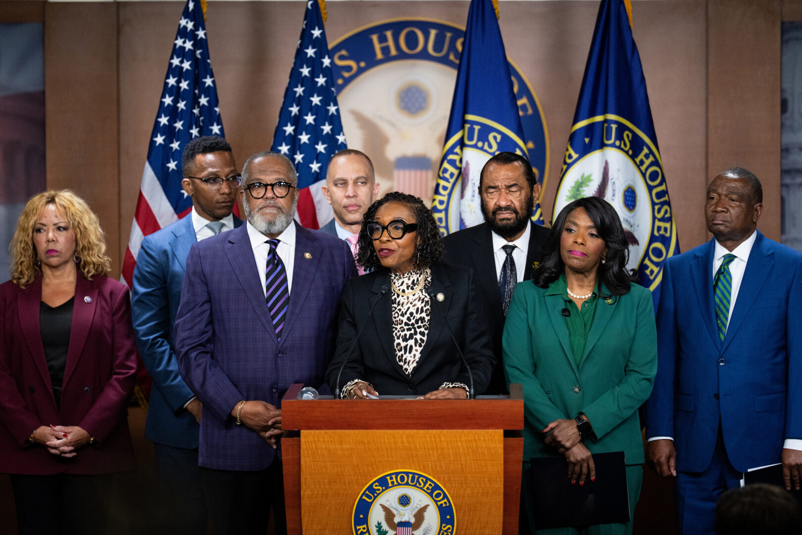 Chair Yvette D. Clarke, D-N.Y., speaks alongside members of the Congressional Black Caucus at an April news conference on the Supreme Court’s ruling in Louisiana v. Callais. This week the group announced it was united in opposing a college sports bill, calling on the NCAA to use its power to speak out against a redistricting push in southern states.   