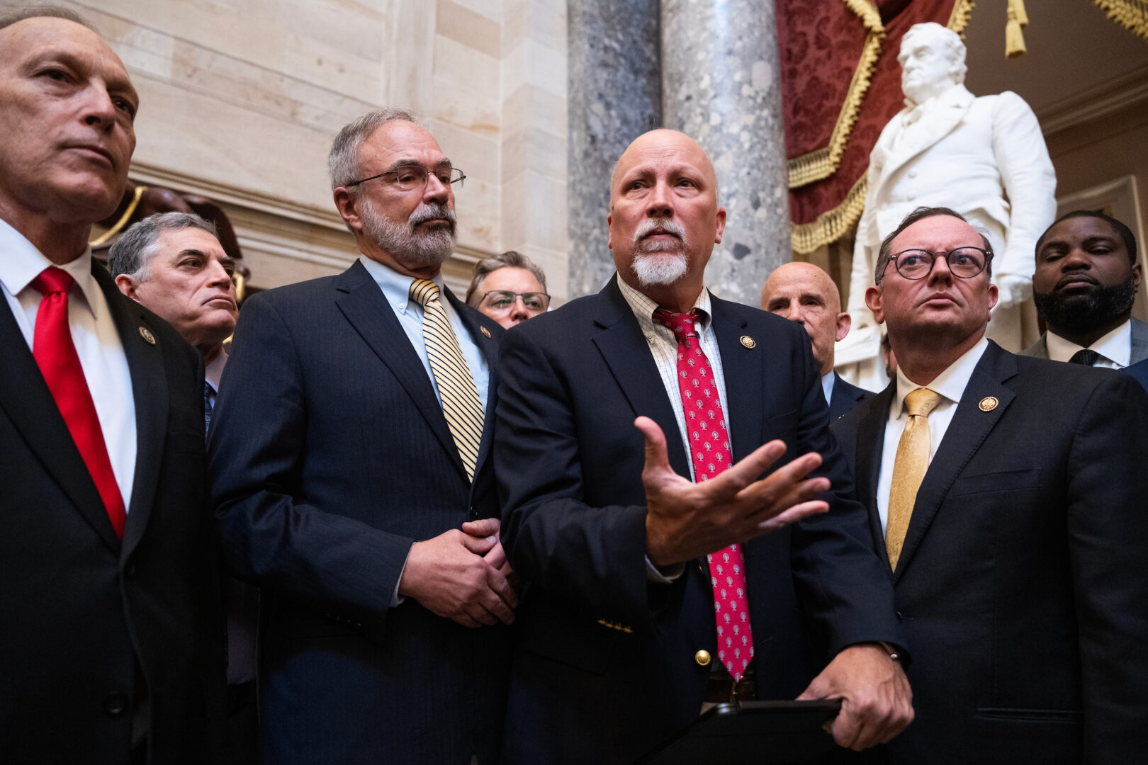 Rep. Chip Roy, R-Texas, and members of the House Freedom Caucus conduct a March 27 news conference to say they would not support a DHS funding bill sent over by the Senate. Lawmakers resolved the matter this week, but tensions continue to linger.  