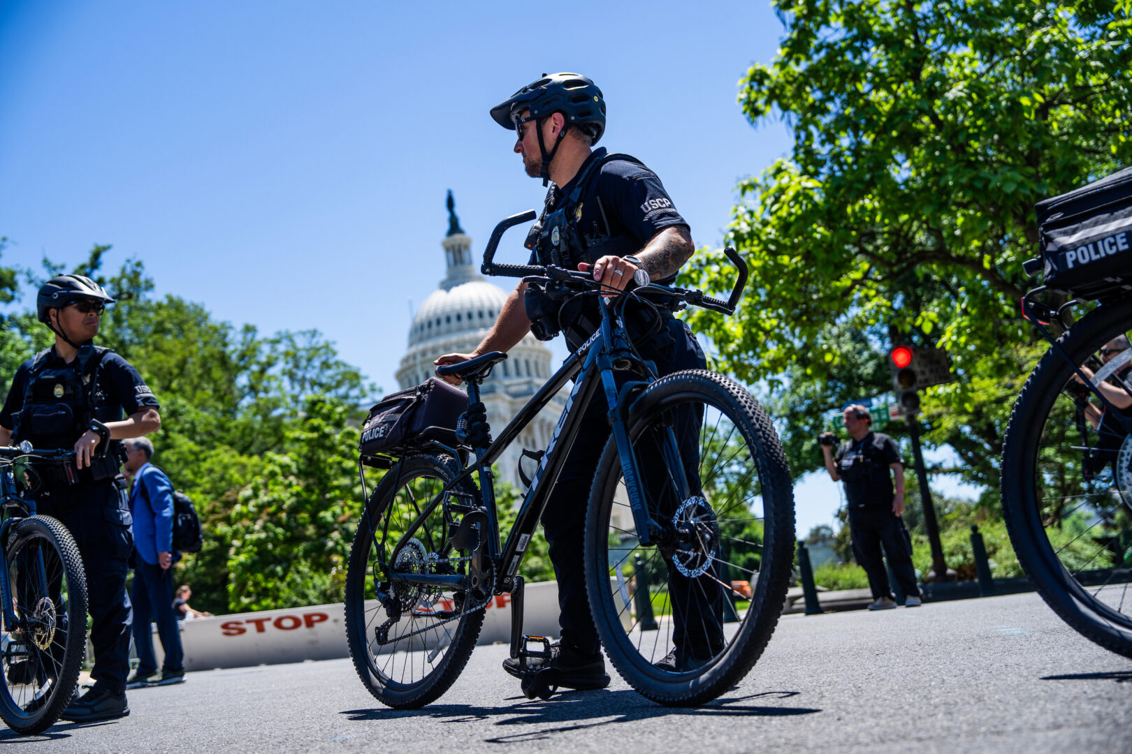 Capitol Police are seen on Constitution Avenue near a rally on Saturday. (Tom Williams/CQ Roll Call)