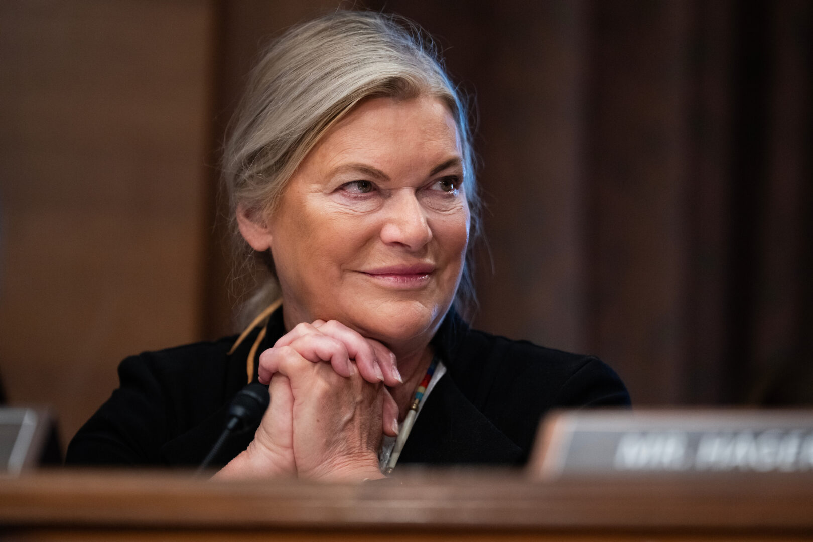 Sen. Cynthia Lummis, R-Wyo., attends a Senate Banking, Housing and Urban Affairs Committee markup on Tuesday, July 29, 2025. 