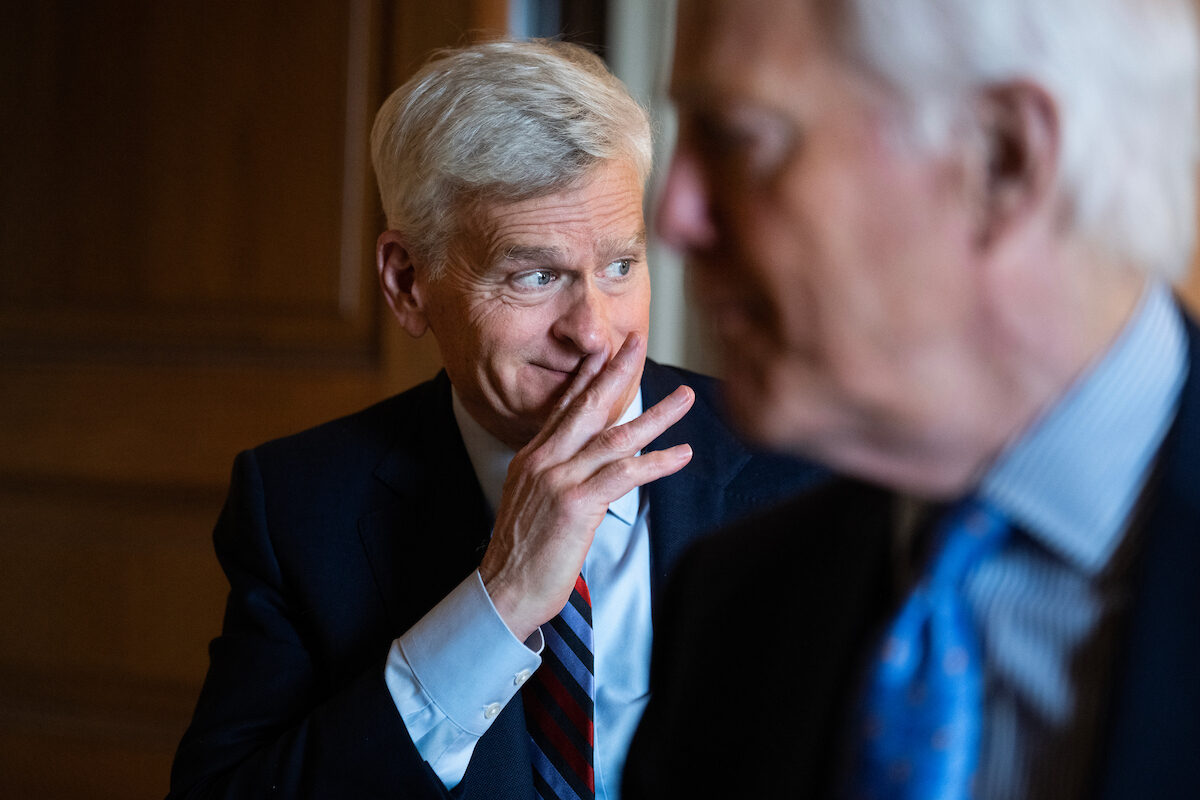 Sens. Bill Cassidy, R-La., left, and John Cornyn, R-Texas, are seen after a Senate GOP luncheon at the Capitol on June 3, 2025. (Tom Williams/CQ Roll Call)