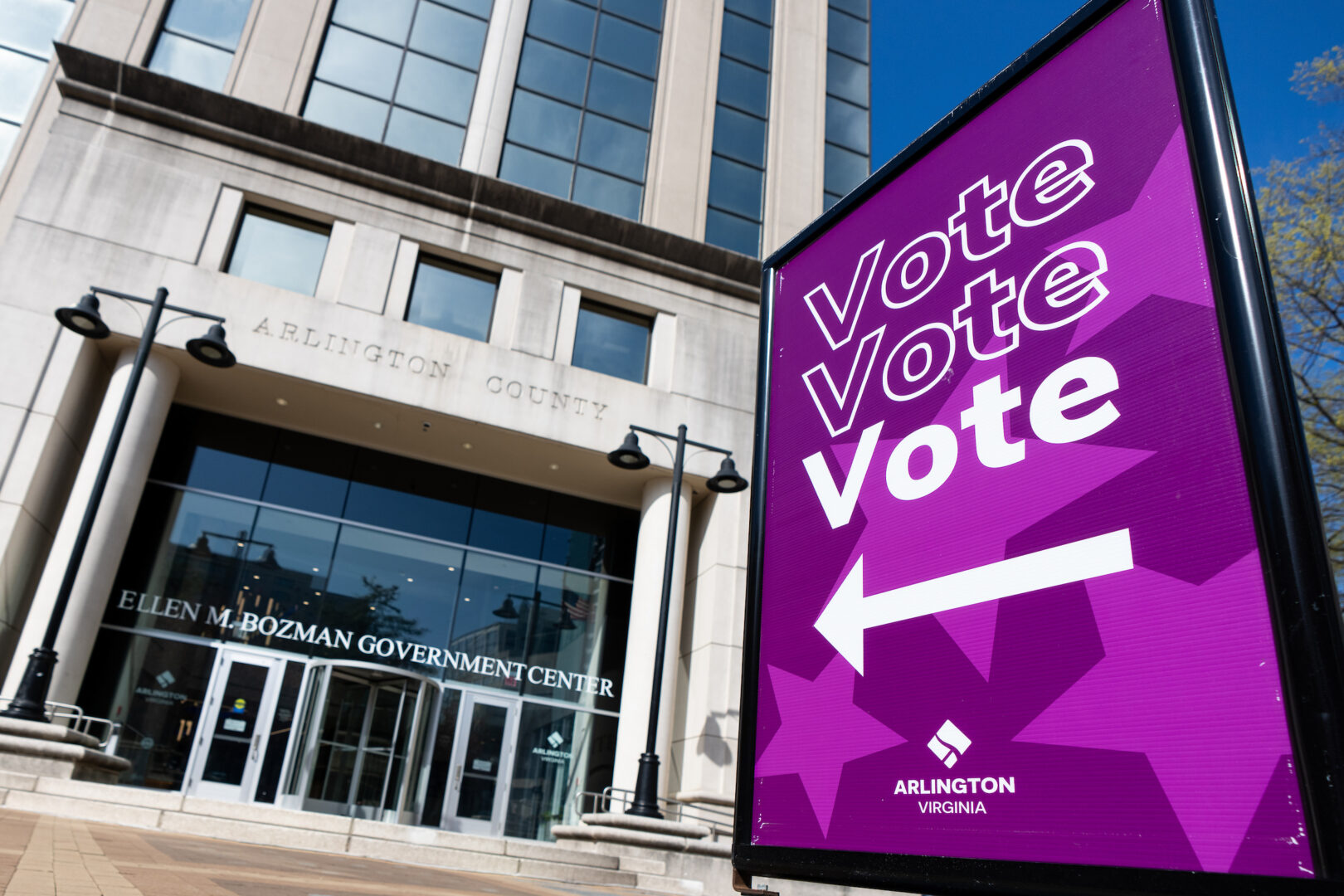 A sign directs early voters on the Virginia redistricting referendum to the Ellen M. Bozman Government Center in Arlington, Va., in March.
