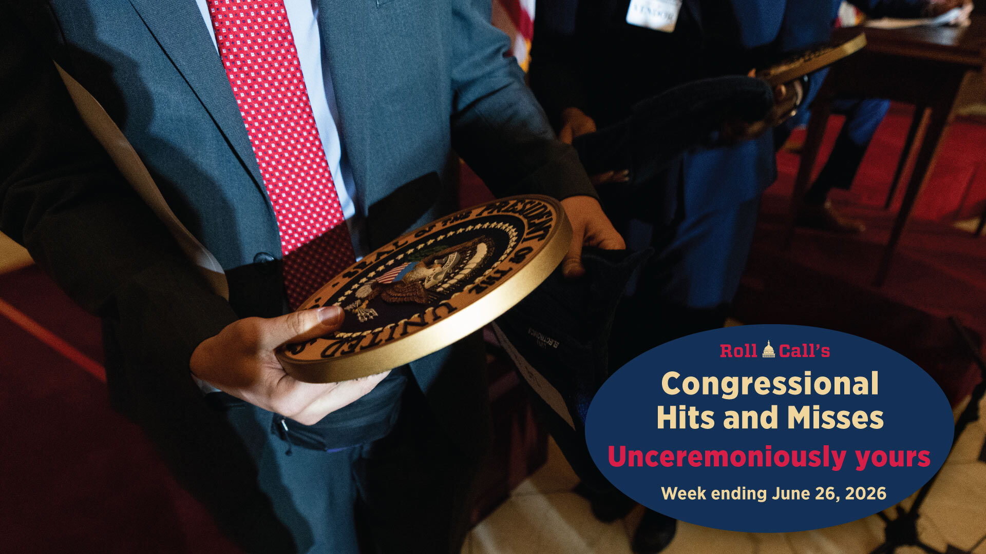 The Presidential seal is packed away in National Statuary Hall in the Capitol on Wednesday after President Donald Trump canceled the signing ceremony for the 21st Century ROAD to Housing Act.