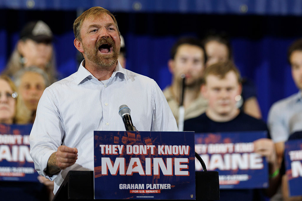 Democratic Senate nominee Graham Platner speaks at his election night event in Blue Hill, Maine, on Tuesday. (CJ Gunther/Getty Images)