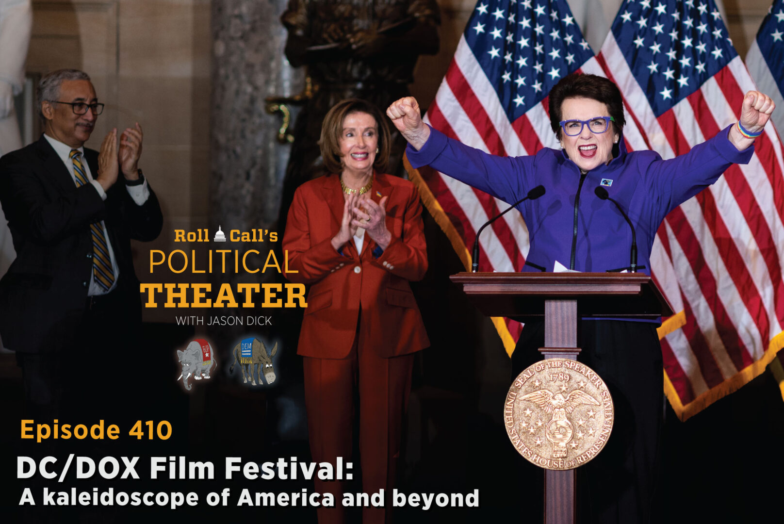 Tennis legend Billie Jean King, right, seen at a Women's History Month event at the Capitol in March 2022 with then-Speaker Nancy Pelosi, D-Calif., center, and Rep. Bobby Scott, D-Va., is the subject of the documentary "Give me the Ball!" the opening night title on Thursday for this year's DC/DOX documentary film festival. 