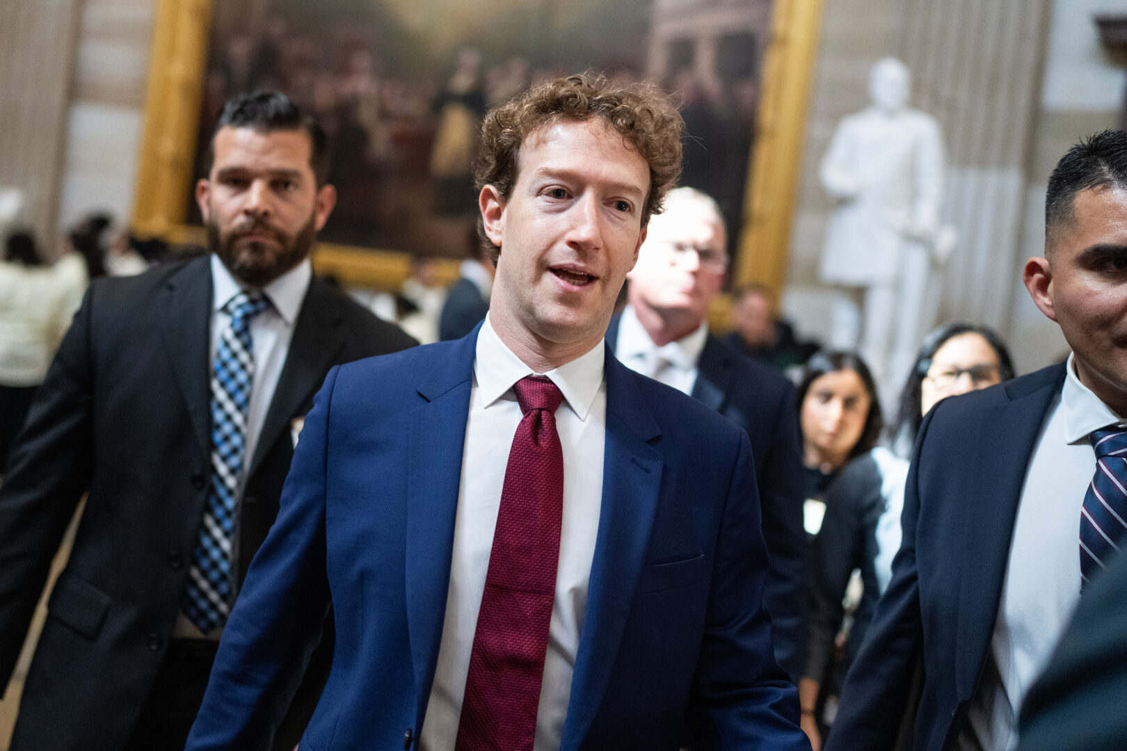 Mark Zuckerberg, CEO of Meta, is seen in the Capitol after a meeting in the office of Senate Majority Leader John Thune, R-S.D., on March 26, 2026. (Tom Williams/CQ Roll Call)