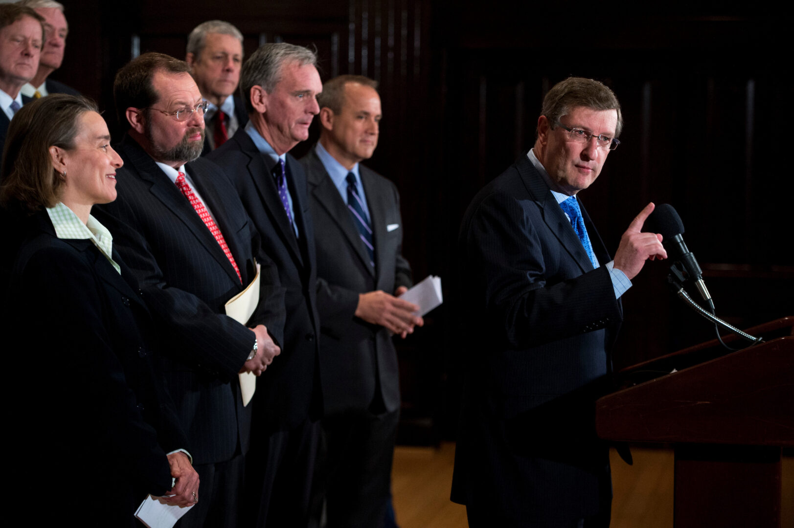 Former Sen. Kent Conrad, D-N.D., makes remarks during a news conference in 2013.