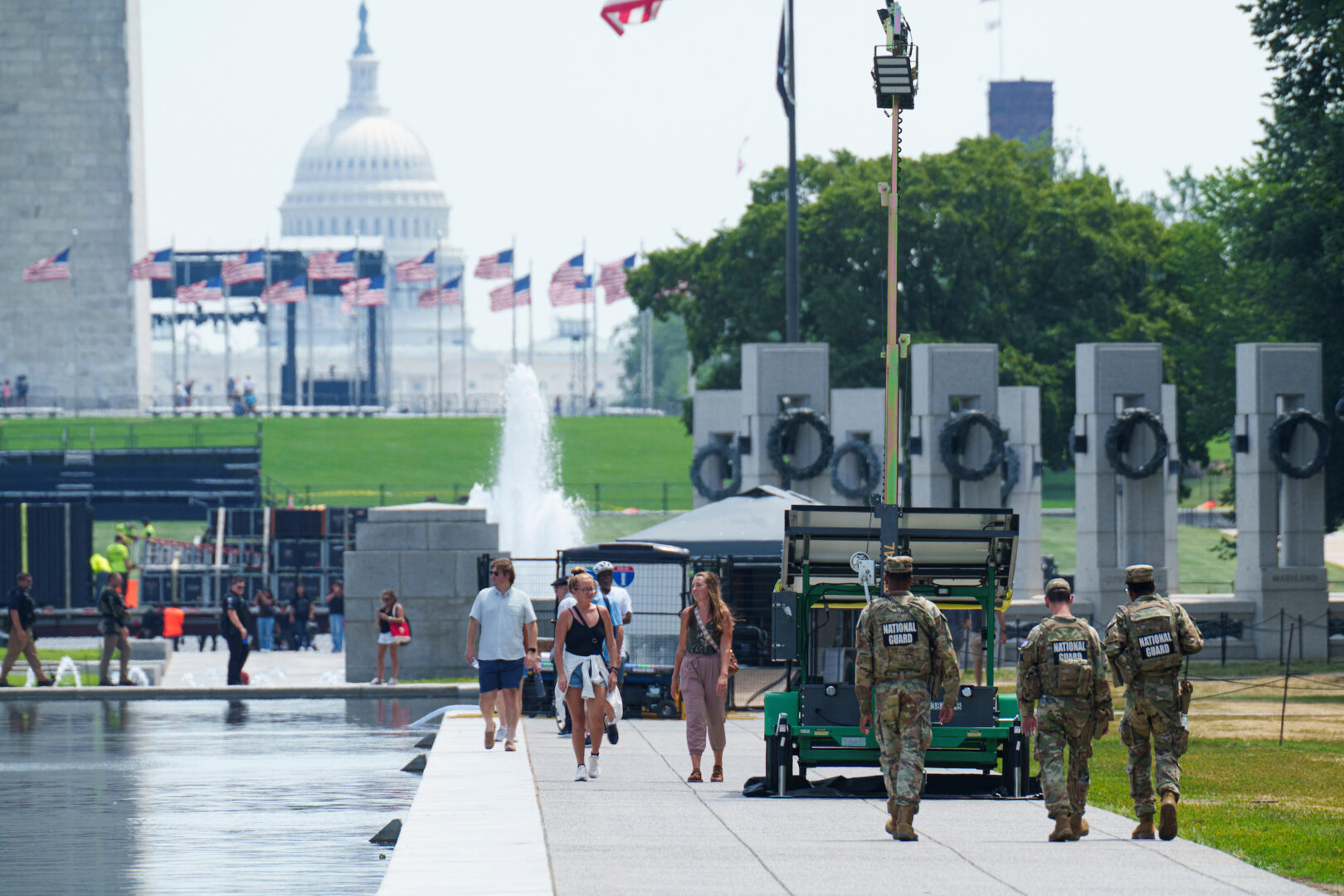 National Guard troops patrol the Lincoln Memorial Reflecting Pool on June 22, 2026. The Trump administration has accused vandals of damaging the reflecting pool. 