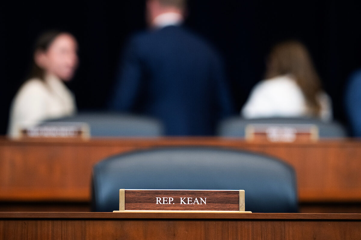 The nameplate of Rep. Thomas H. Kean Jr., R-N.J., is seen before Secretary of State Marco Rubio testified before the House Foreign Affairs Committee on Wednesday. Kean, who has not been seen in Washington in months, faces a competitive campaign against Democrat Rebecca Bennett. 