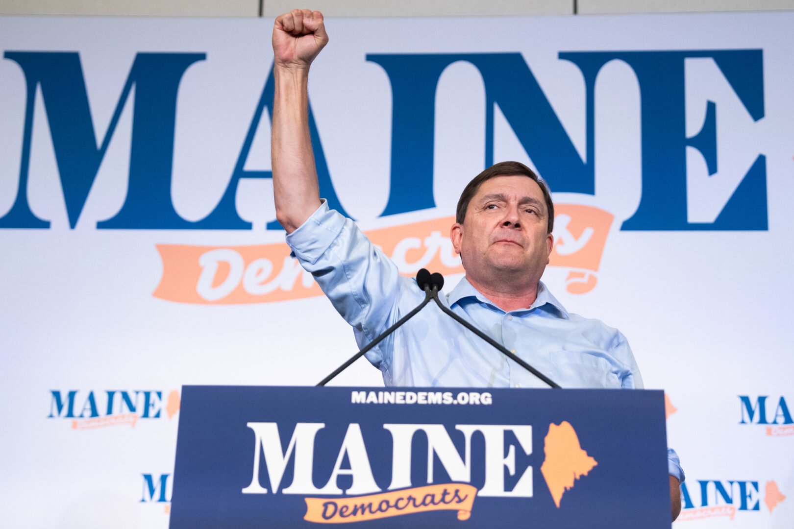 Troy Jackson, Maine Democratic nominee for Senate, speaks after winning the nomination at the Maine Democrats special nominating convention in Bangor, Maine, on Saturday. Jackson will challenge incumbent Sen. Susan Collins, R-Maine.