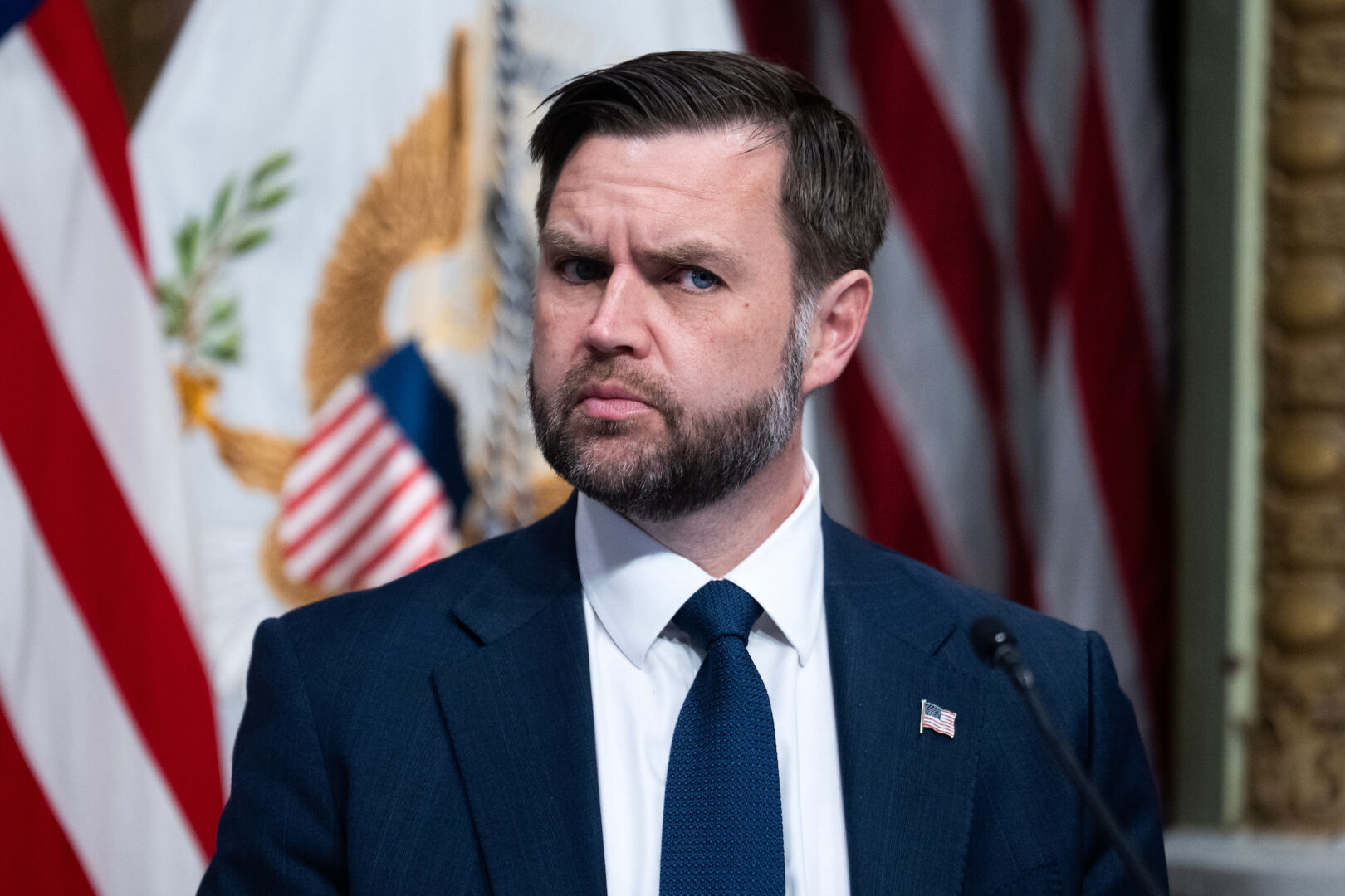 Vice President JD Vance, above, and Speaker Mike Johnson, R-La., huddled with the House GOP conference in the Capitol basement for a roughly 45-minute pep talk Wednesday. 
