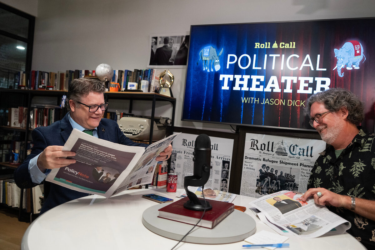 Sean Astin, left, president of the Screen Actors Guild-American Federation of Television and Radio Artists, talks about his political and policy roles with Roll Call Editor-in-Chief Jason Dick on the Political Theater podcast.