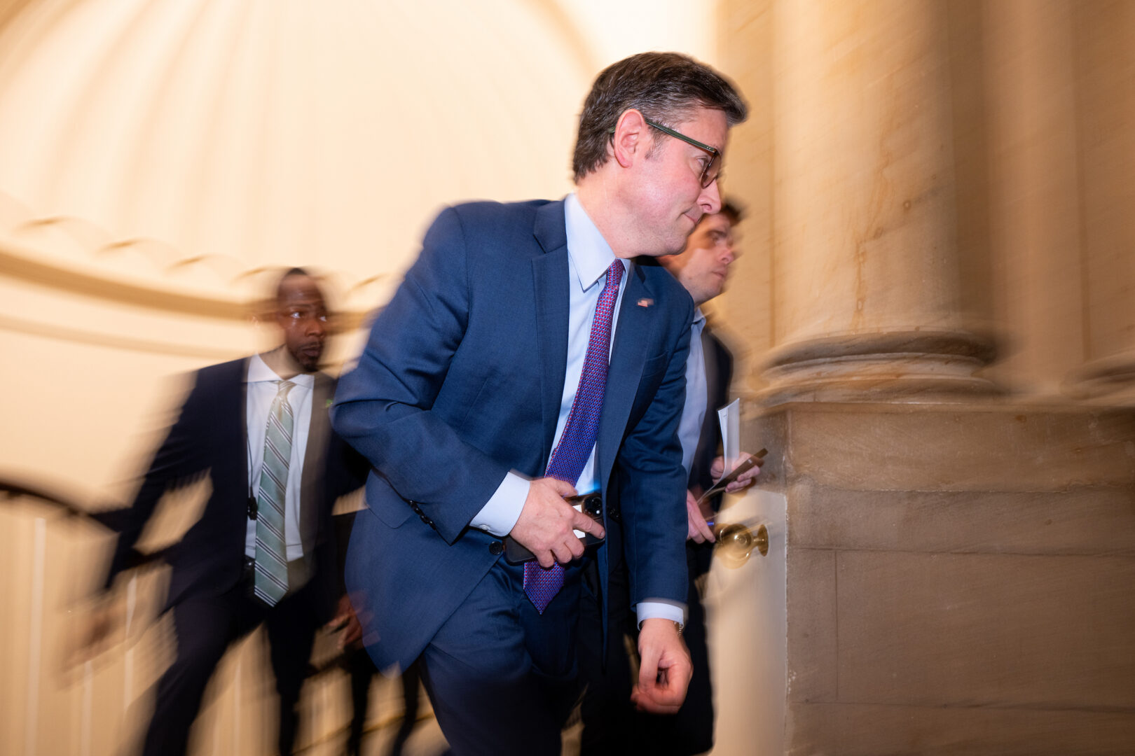 Speaker Mike Johnson, R-La., arrives in the Capitol on Monday. 