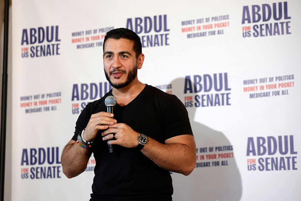 Michigan Democrat Abdul El-Sayed, speaks to supporters at a rally in Detroit on Monday. (Jeff Kowalsky/ AFP via Getty Images)