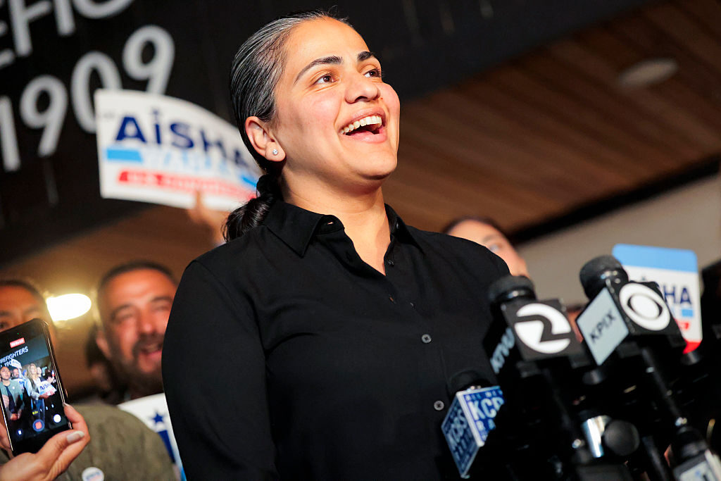 California state Sen. Aisha Wahab speaks to reporters during her election night watch party in Hayward, Calif., on Tuesday. (Heather Diehl/Getty Images)