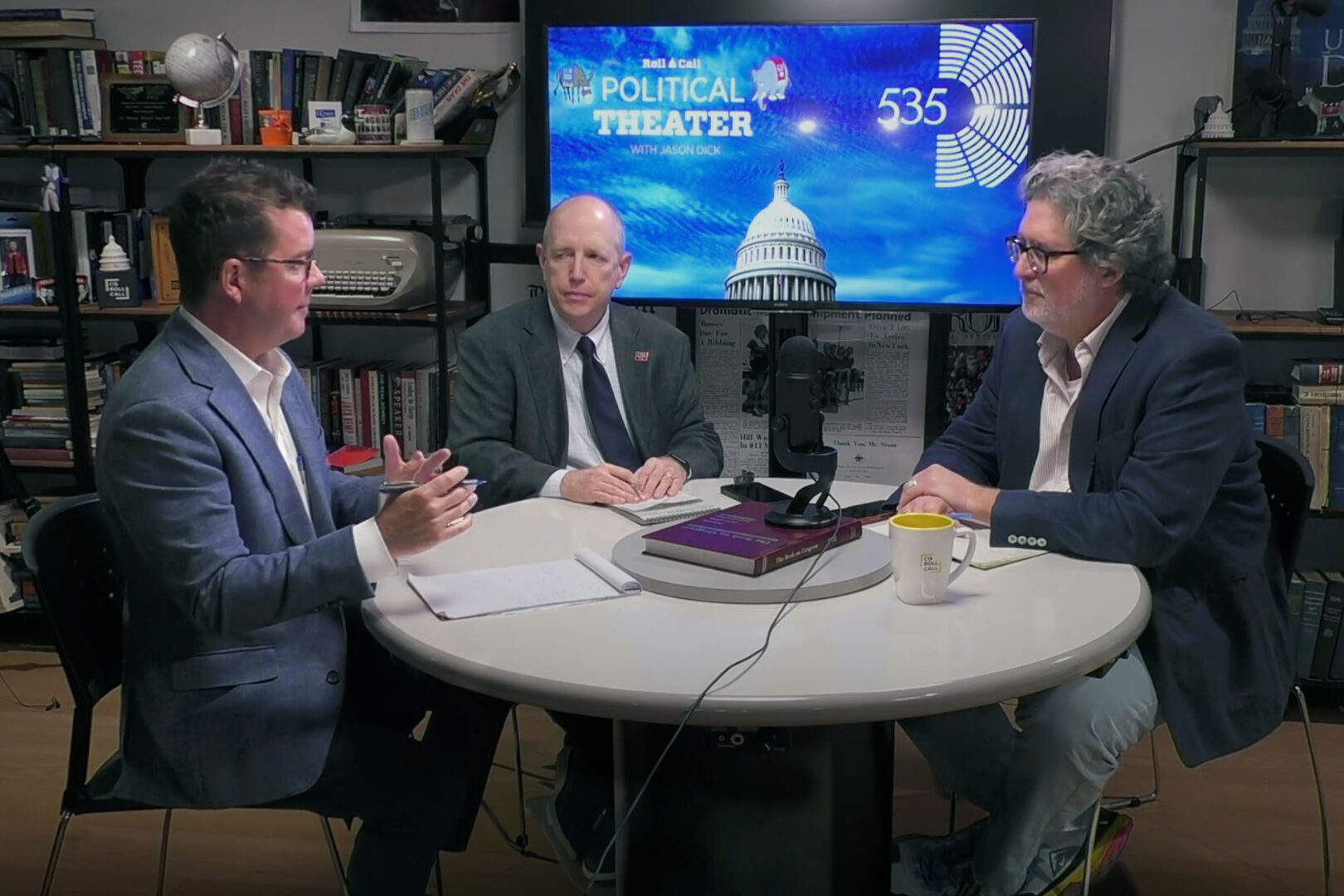 535 News Editor in Chief Brody Mullins, left, CQ Roll Call Staff Writer Mark Schoeff Jr., center and Political Theater Podcast host Jason Dick discuss cryptocurrency legislation on the Political Theater/535 collaboration pod. 