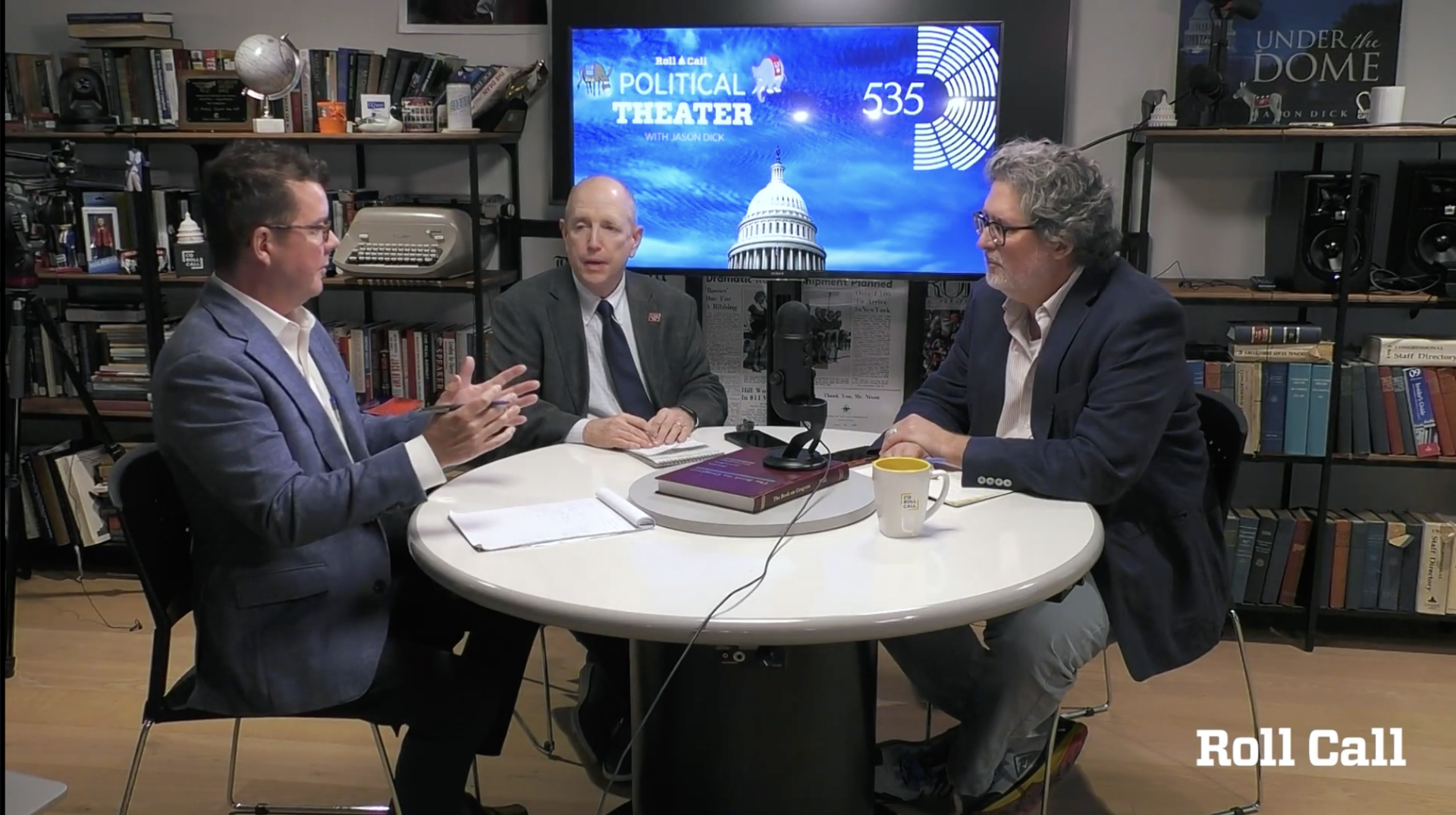 535 News Editor in Chief Brody Mullins, left, CQ Roll Call Staff Writer Mark Schoeff Jr., center and Political Theater Podcast host Jason Dick discuss cryptocurrency legislation on the Political Theater/535 collaboration pod. 