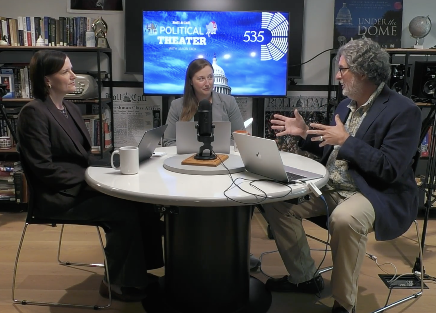 535 Political Analyst Susan Davis, left, CQ Roll Call Staff Writer Kelly Livingston, center, and Roll Call Editor in Chief Jason Dick discuss surface transportation reauthorization legislation on the latest Political Theater podcast. 