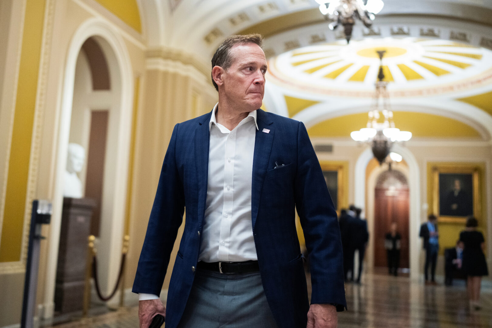Sen. Ted Budd, R-N.C., seen here in the Capitol on June 4, and Sen. Pete Ricketts, R-Neb., demanded a vote on their amendment to strip out a provision relating to THC-infused hemp.