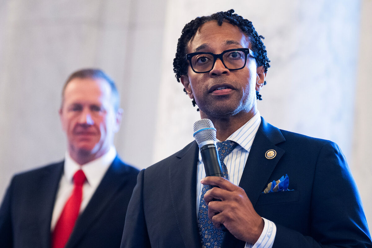 Missouri Rep. Wesley Bell, here with Sen. Eric Schmitt at the Congressional Chess Tournament in Washington in June, comfortably won his primary Tuesday. (Tom Williams/CQ Roll Call)