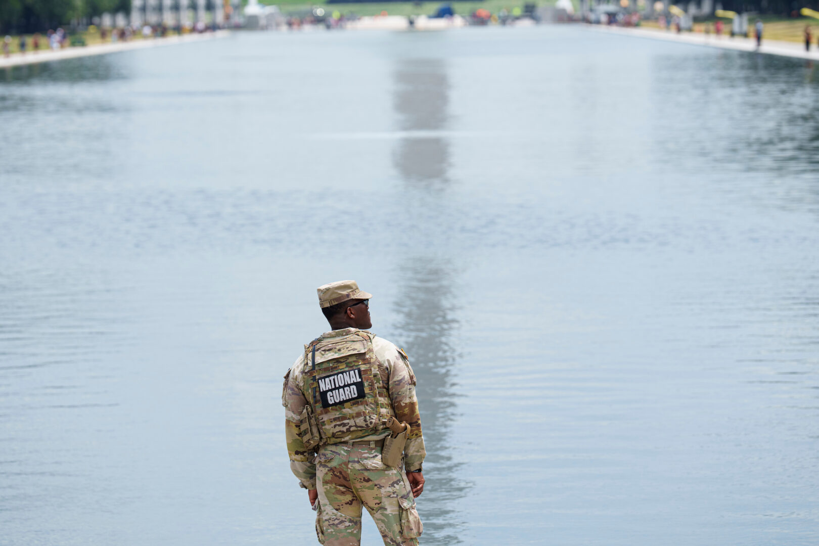 National Guard troops patrol the Lincoln Memorial Reflecting Pool on June 22.