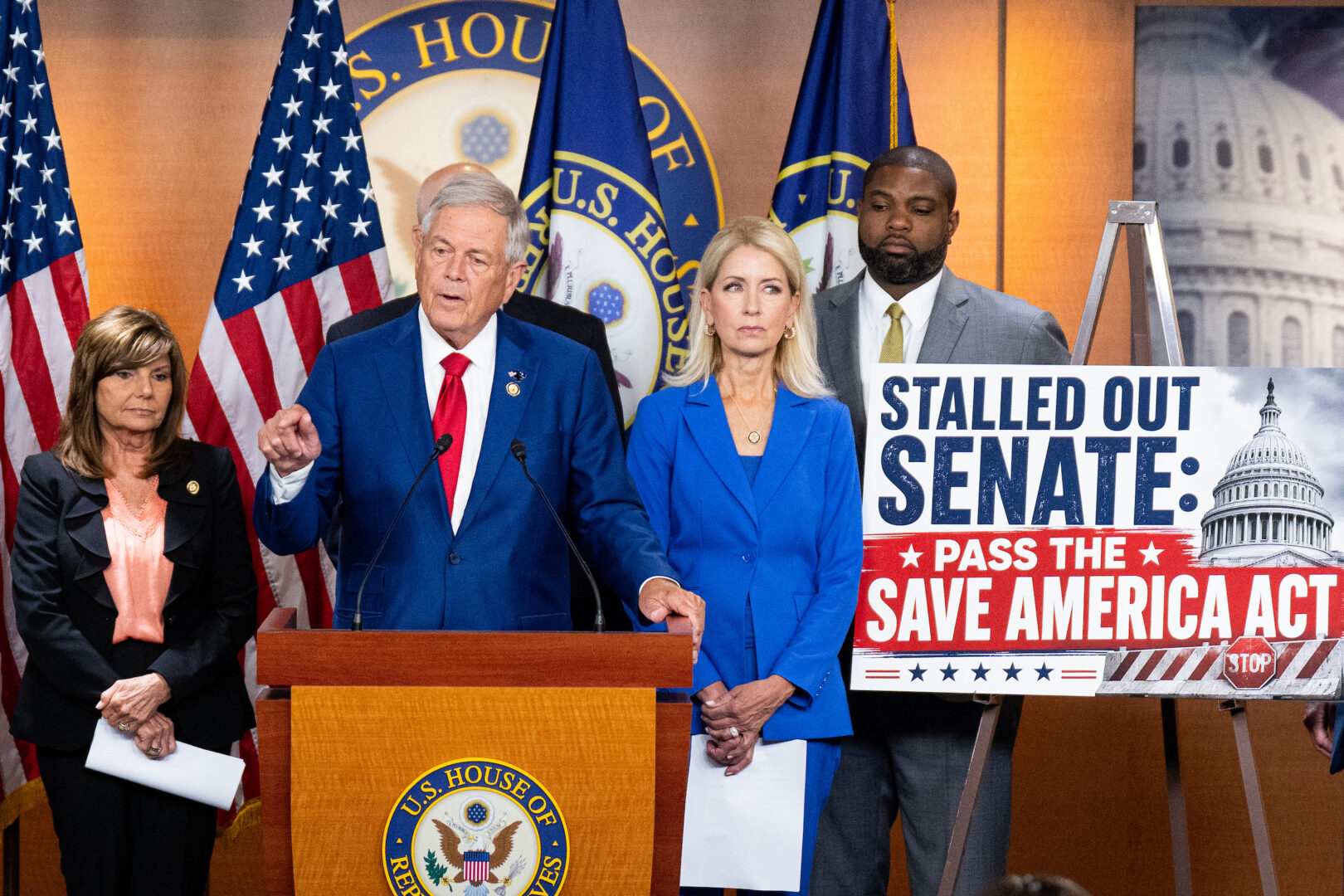 Members attend a House Freedom Caucus news conference in the Capitol on June 25 urging Senate action on the SAVE America Act. The issue has seen little movement since then.
