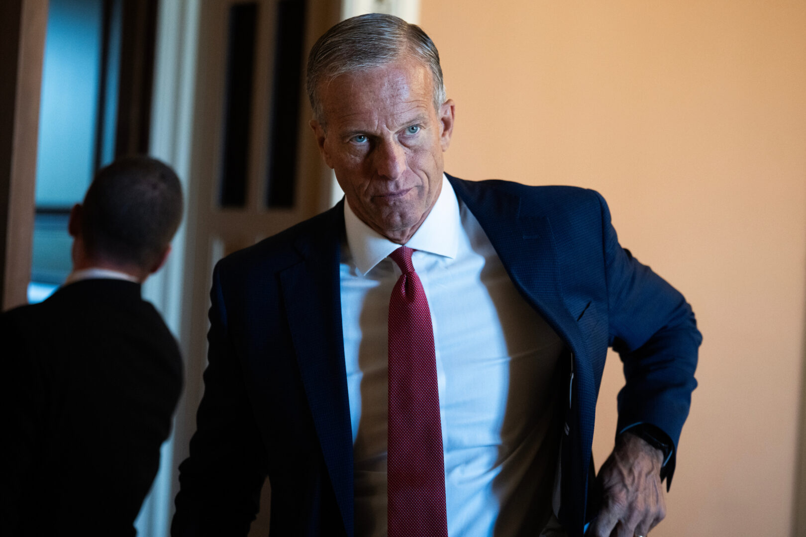 Senate Majority Leader John Thune, R-S.D., leaves the Republican Senate luncheon in the Capitol on June 16.