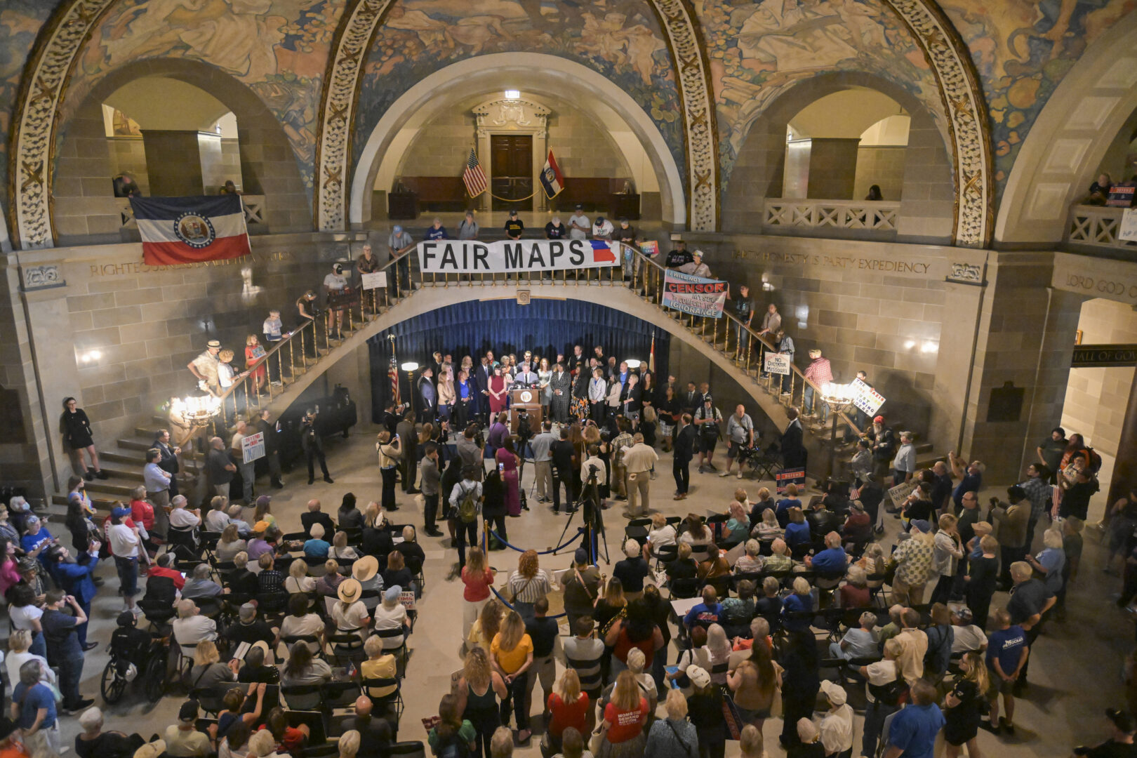 Missouri Sen. Doug Beck speaks during a press conference inside the rotunda of the Missouri State Capitol on Sept. 10, 2025 in Jefferson City. The 8th Circuit Court Monday reinstated a GOP congressional map. 