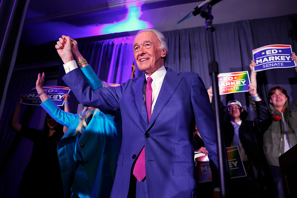 Massachusetts Sen. Edward J. Markey walks out with his wife, Susan Blumenthal, during his victory party in Boston on Tuesday. (Danielle Parhizkaran/The Boston Globe via Getty Images)