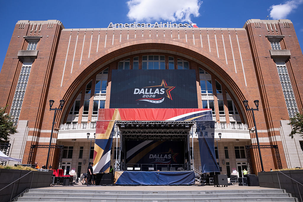 Workers set up an outdoor stage Saturday outside the American Airlines Center in Dallas ahead of the 2026 Republican midterm convention. (Tom Fox/The Dallas Morning News via Getty Images)