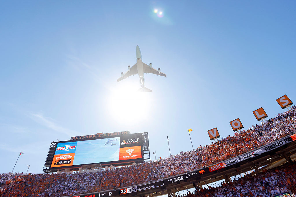 Air Force One carrying President Donald Trump flies over Neyland Stadium prior to a game between the Texas Longhorns and Tennessee Volunteers on Saturday in Knoxville, Tenn. (Johnnie Izquierdo/Getty Images)
