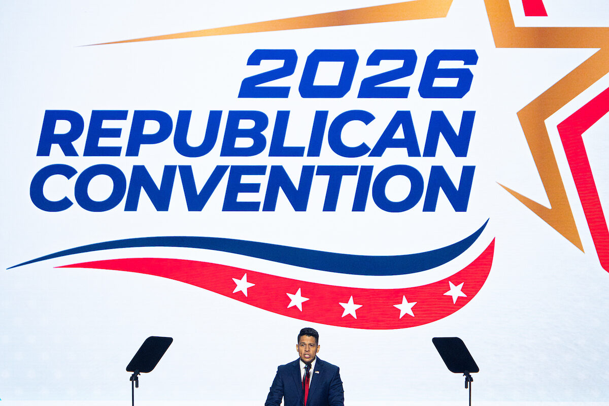 Air Force veteran Carlos De La Cruz, a candidate for Texas' 35th District, speaks Wednesday during the Republican midterm convention at the American Airlines Center in downtown Dallas. (Bill Clark/CQ Roll Call)