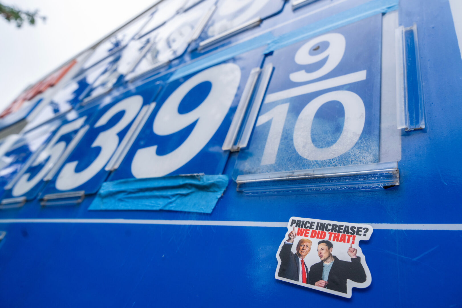 A sticker of President Donald Trump and Elon Musk are seen at an Exxon station on Capitol Hill on Monday, May 5, 2025.