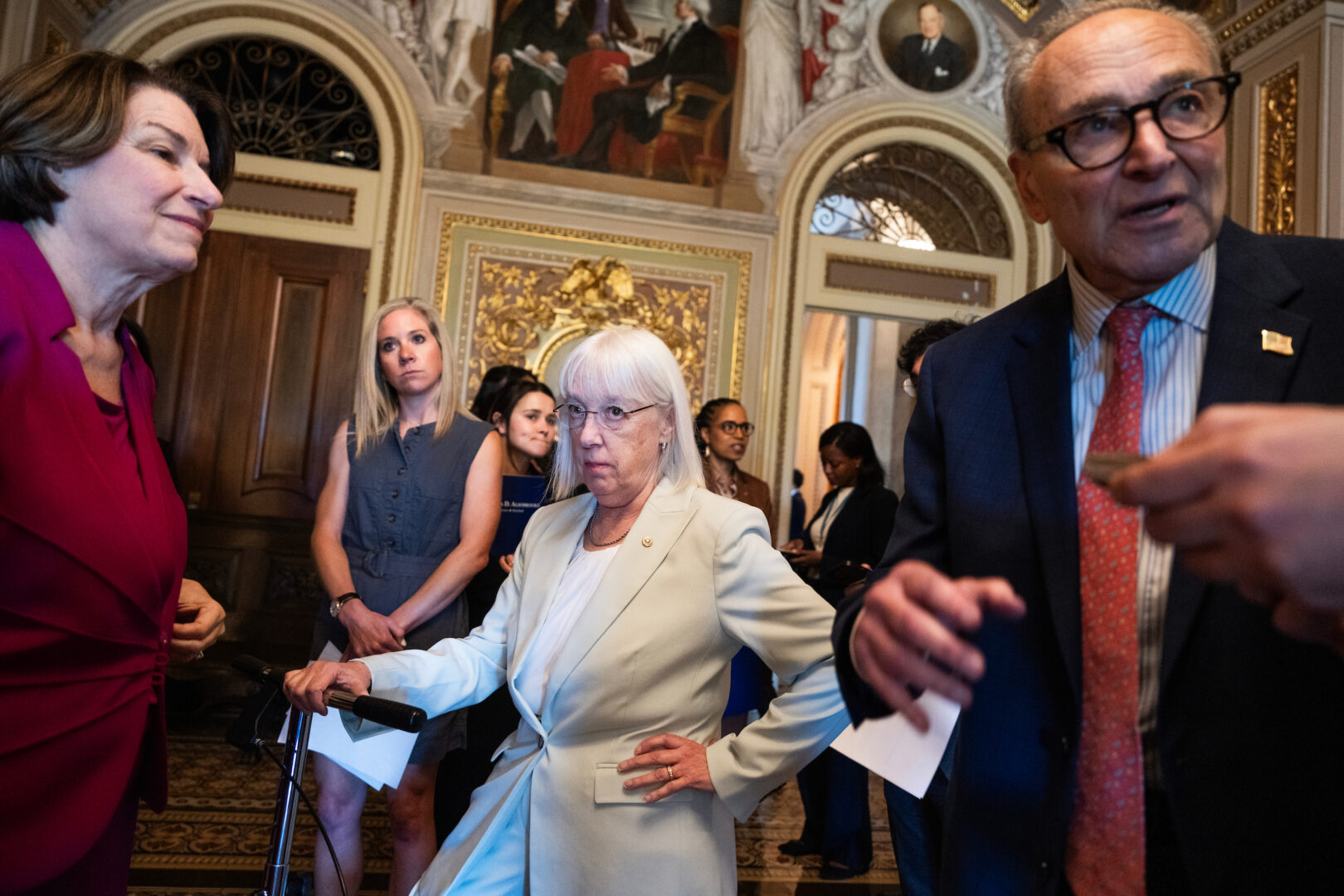 Sen. Patty Murray, seen here at center in the Capitol on June 24, has asked Homeland Security Secretary Markwayne Mullin for details on the move.
