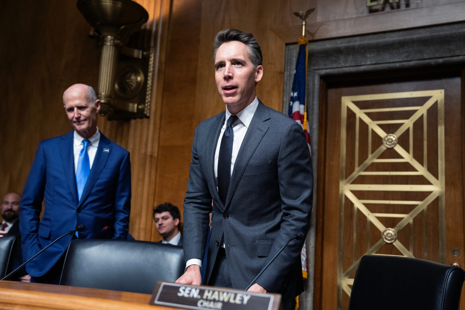 Chairman Josh Hawley, R-Mo., right, arrives for the hearing on hearing on Wednesday, with Sen. Rick Scott, R-Fla. (Tom Williams/CQ Roll Call)