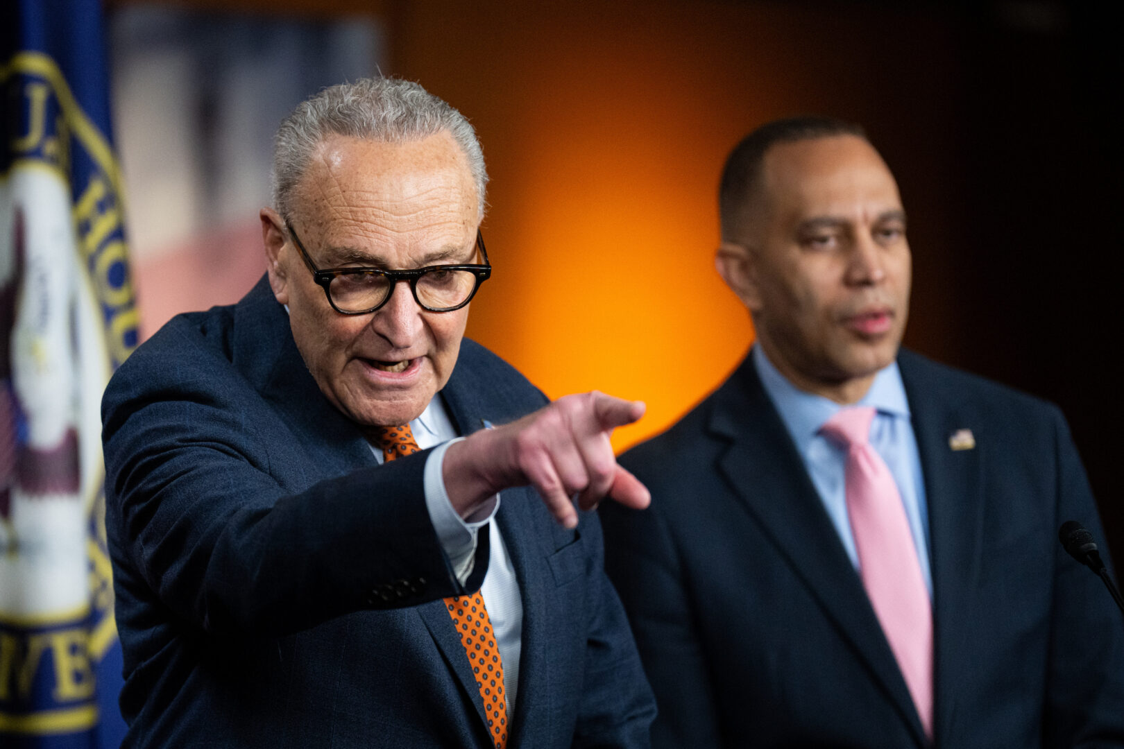 Senate Minority Leader Charles E. Schumer, D-N.Y., left, and House Minority Leader Hakeem Jeffries, D-N.Y., hold a joint news conference in the Capitol on Jan. 8.