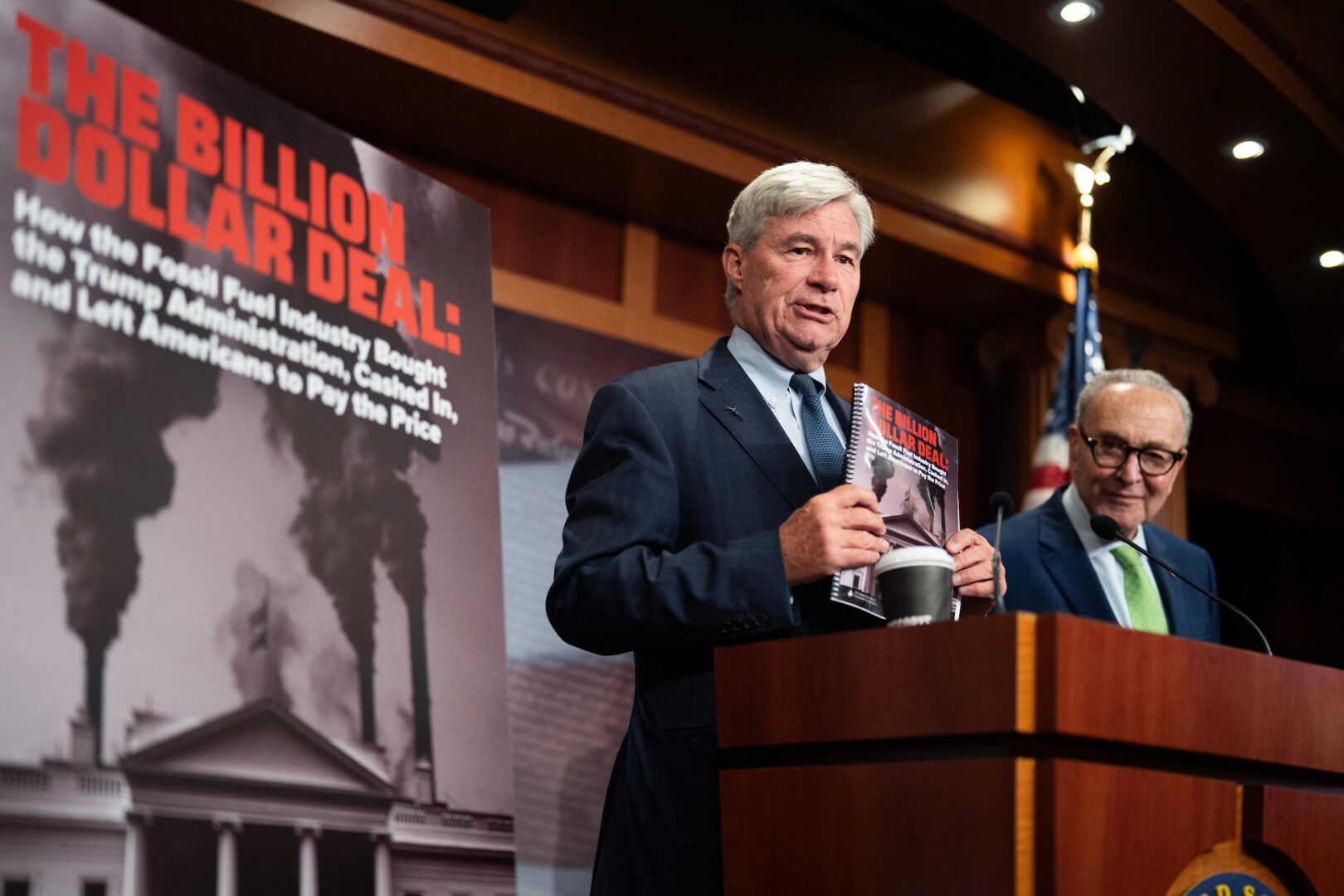 Whitehouse and Schumer conduct a news conference Thursday to highlight GOP connections to the fossil fuel industry. (Tom Williams/CQ Roll Call)