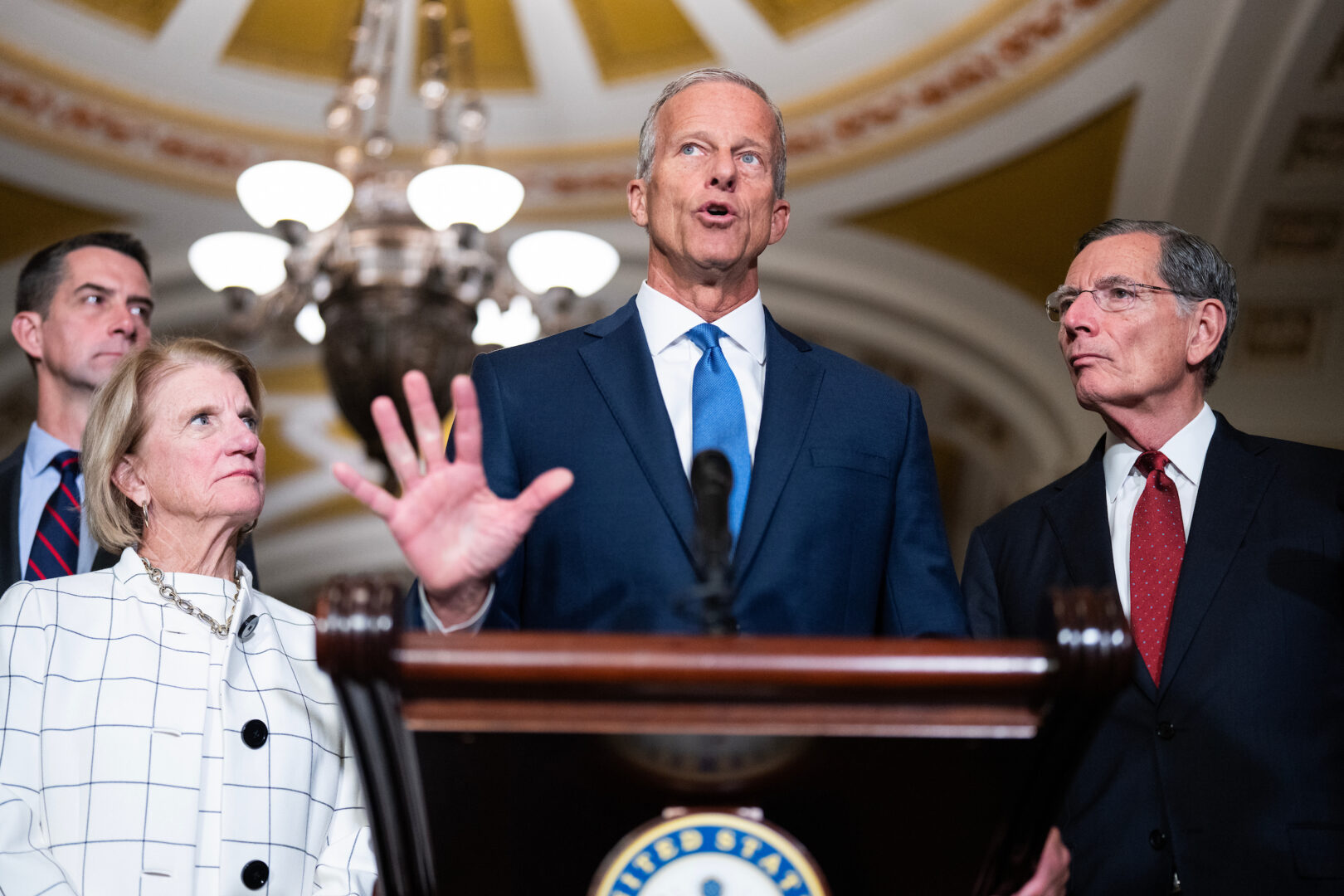 Senate Majority Leader John Thune, R-S.D., conducts a news conference after the Senate luncheons in the U.S. Capitol on Tuesday, September 15, 2026. Sens. Tom Cotton, R-Ark., left, Shelley Moore Capito, R-W.Va., and Senate Majority Whip John Barrasso, R-Wyo., also appear. (Tom Williams/CQ Roll Call)