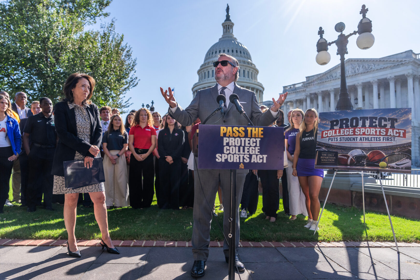 Sen. Ted Cruz, R-Texas, chairman of the Senate Commerce, Science and Transportation Committee, and ranking member Sen. Maria Cantwell, D-Wash., conduct a news conference with student athletes and coaches outside the U.S. Capitol on the “Protect College Sports Act,” on Monday, Sept. 14, 2026. 